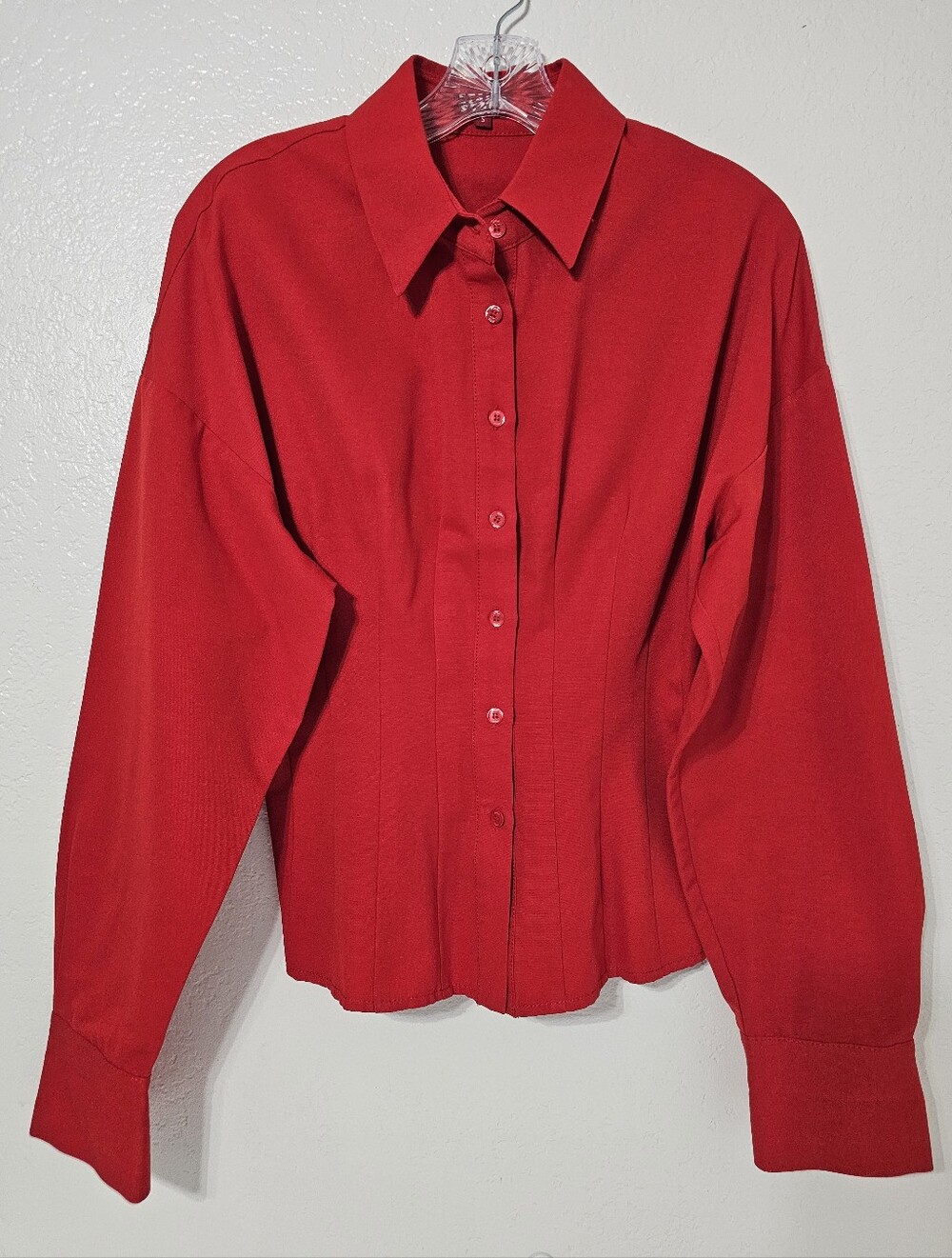 STAUD Red Structured Button Front Blouse Sz S Statement Collar Cinched Waist Top - Picture 4 of 9